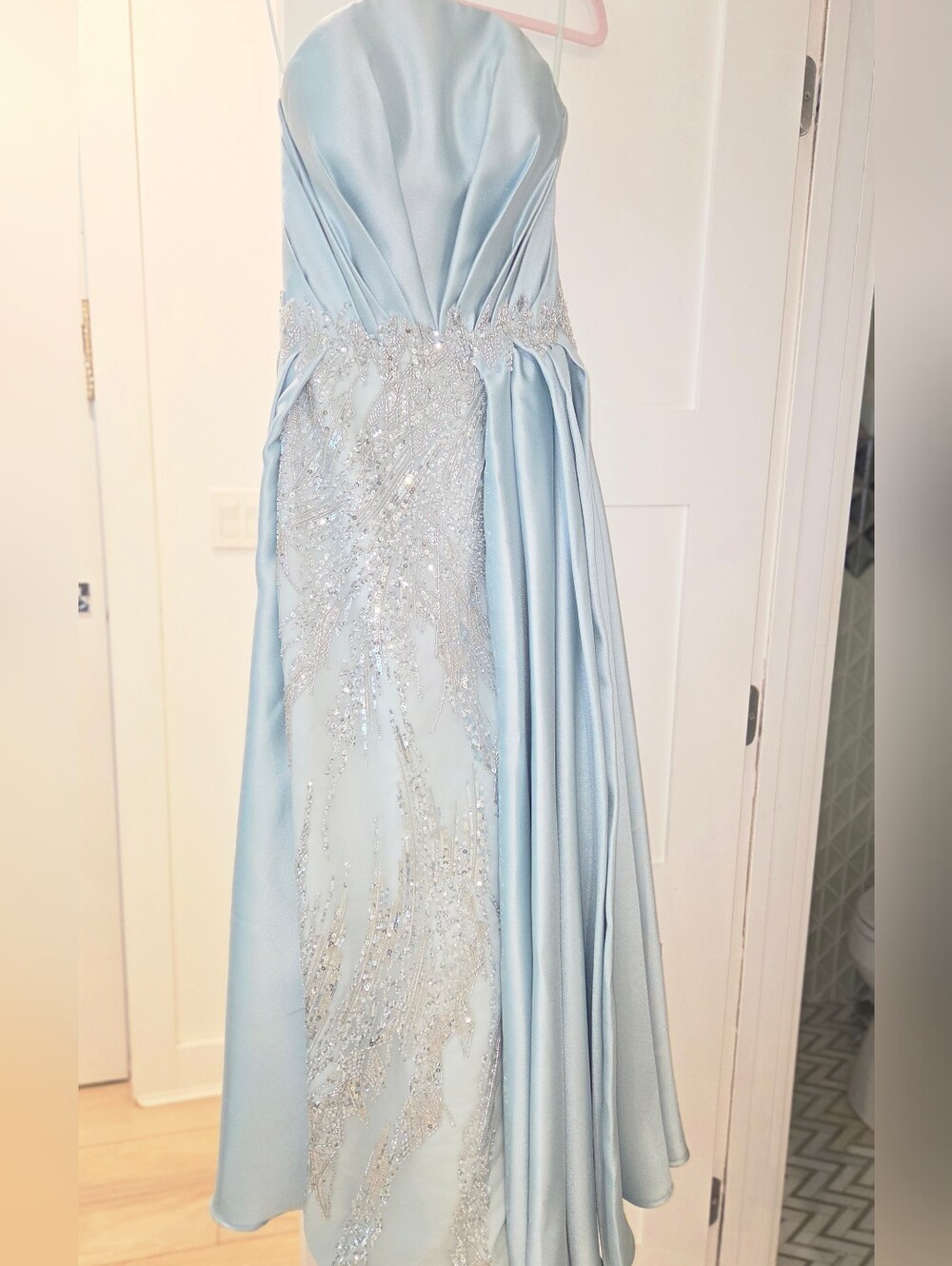 MNM Couture Strapless Ice Blue Embellished Gown with Draped Overskirt - Picture 3 of 7